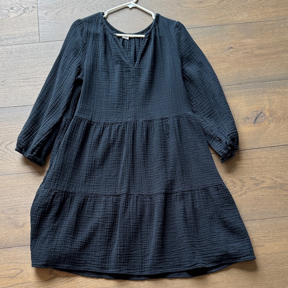 GAP Black textured tiered, long sleeve modest V-neck dress.